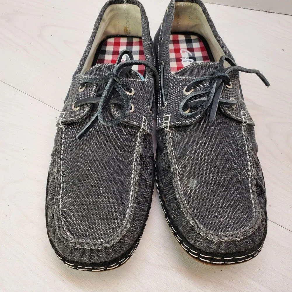 GBX Mens Boat Shoes Charcoal Denim‎ Canvas Plaid Lining Moc Toe 13M Street-Savvy